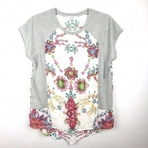 Ovi Gray and Multicolor Floral Short Sleeve Top